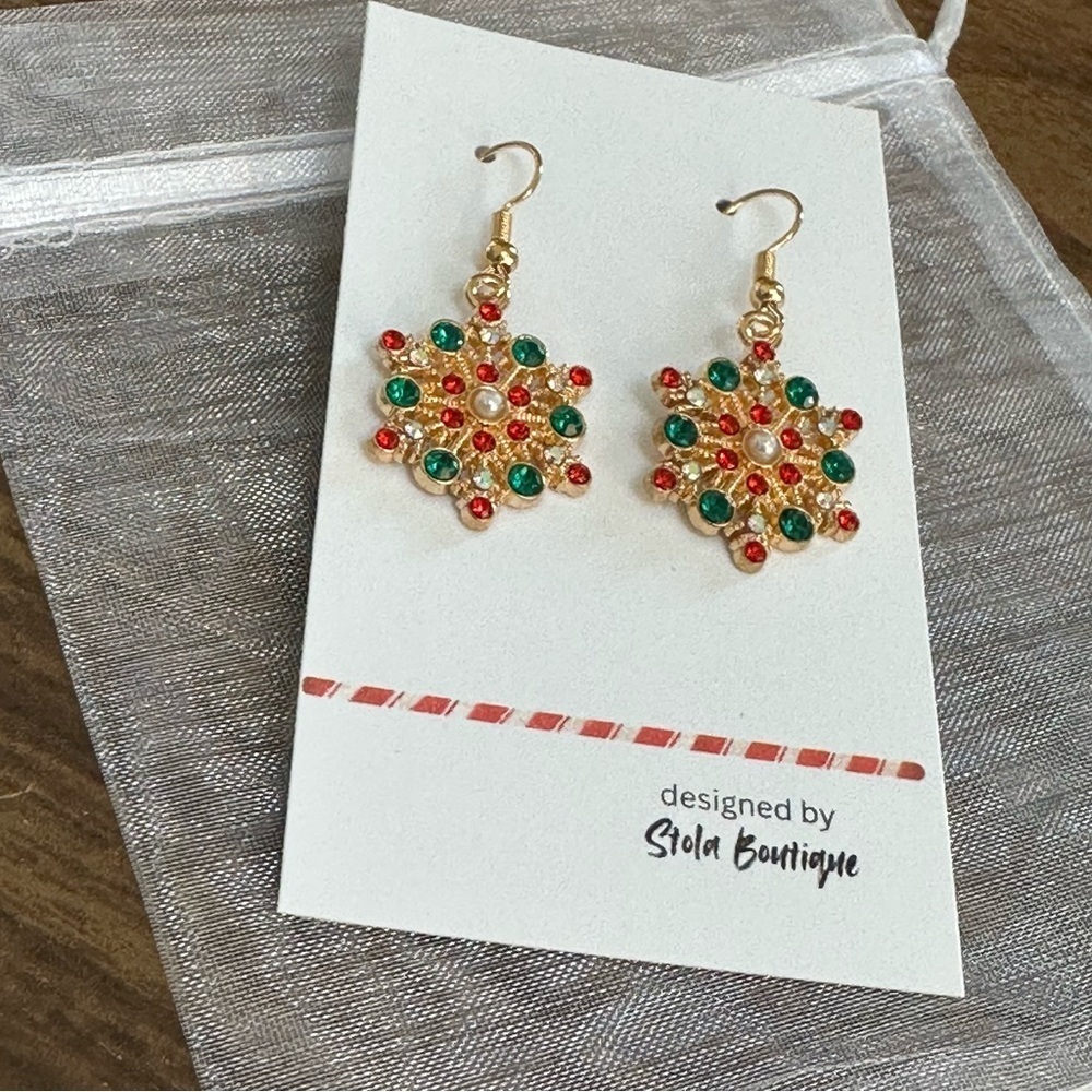 Gold, Green and Red Snowflake Christmas Holiday Dangle Earrings